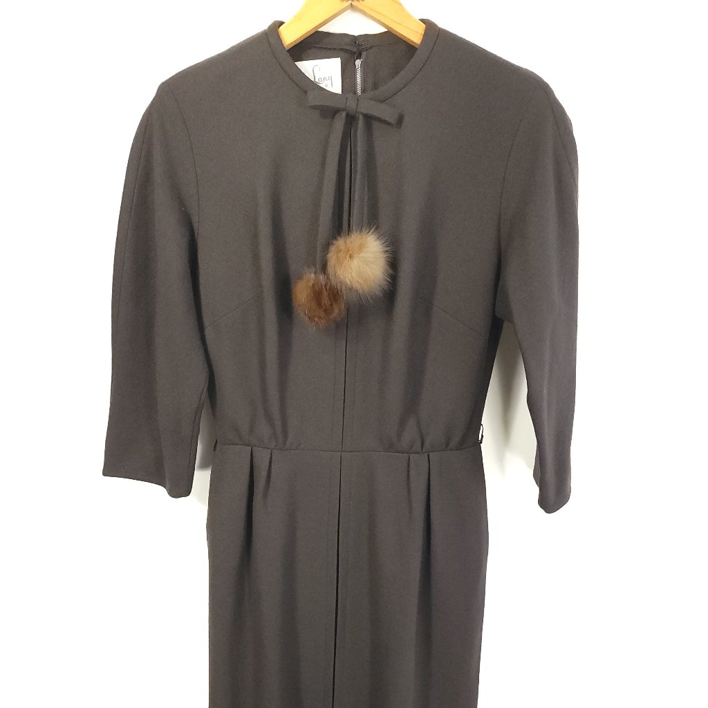 Vtg Jean Lang Original Dress Women's 12 Dark Brown Long Sleeve Union Label